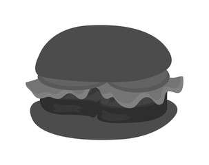 Hamburger with fresh tomatoes, lettuce leaf, grilled steak and sesame on bun. High calorie contain meal in bread isolated cartoon flat vector illustration. Black on white