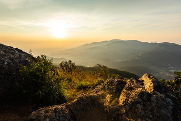 beautiful mountain scape in the morning sunrise, taken from viewpoint of Mon Long, Mae Rim Chiang Mai, Thailand