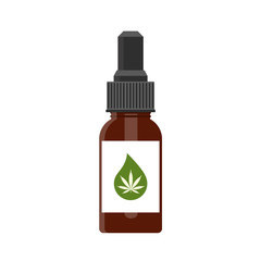 Hemp oil in a bottle. CBD oil cannabis extract. Medical marijuana. Mock up of cannabis oil. Icon product label and logo graphic template. Isolated vector illustration on white background.