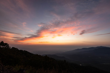 beautiful sunrise with mountain landscape at Mon Long, Mae Rim, Chiang Mai, Thailand