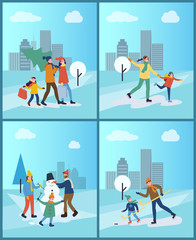 Family sculpting snowman, father and son playing hockey outdoors vector. Winter park with snow, people with evergreen pine tree Christmas preparation