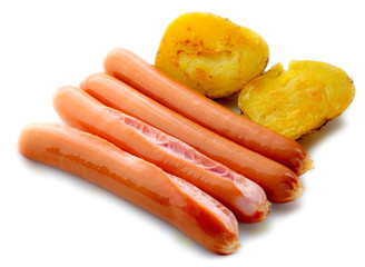 Fried potatoes with sausages on a white background