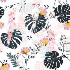 Trendy summer Tropical floral print. Parrot bird in the jungle and flowers in the exotic forest  allover design, seamless pattern vector for fashion ,wallpaoer and all prints
