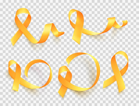 Realistic yellow ribbon. World childhood cancer awareness symbol, vector illustration.