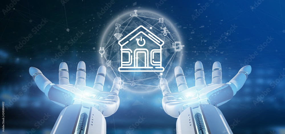 Poster cyborg holding smart home interface with icon, stats and data 3d rendering
