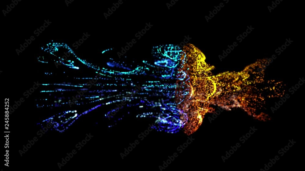 Poster collision of two streams of particles in 4k. ink effect advection. glitter in stream of invisible in