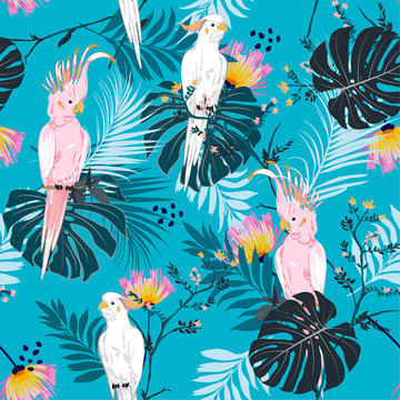 Summer Tropical floral print. Parrot bird in the jungle and flowers in the exotic forest  allover design, seamless pattern vector for fashion ,wallpaoer and all prints