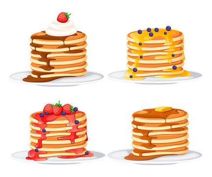 Set of four pancakes with different toppings. Pancakes on white plate. Baking with syrup or honey. Breakfast concept. Flat vector illustration isolated on white background