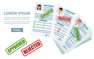 Application documents with rejected and approved stamp. Rejected and approval application or resume. Paper form with checkboxes and photo. Flat vector illustration on white background. Place for text