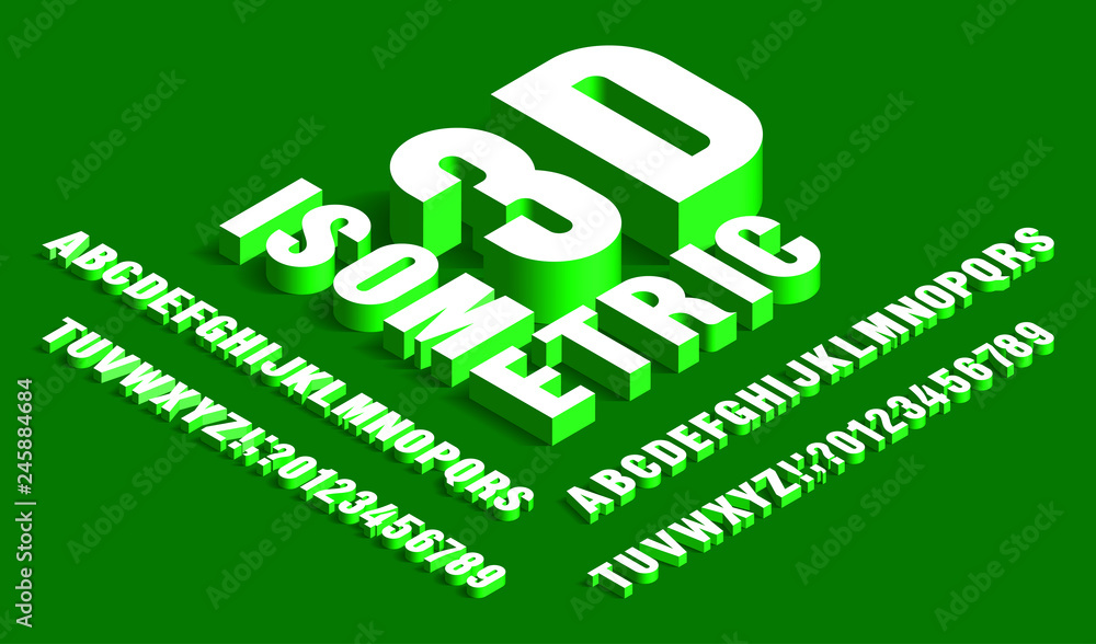 Poster 3d isometric alphabet font. white and green. 3d effect letters and numbers with shadows. stock vecto
