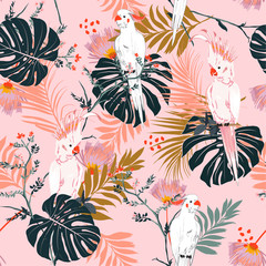 Tropical floral print. Parrot bird in the jungle and flowers in the exotic forest  allover design, seamless pattern vector for fashion ,wallpaoer and all prints