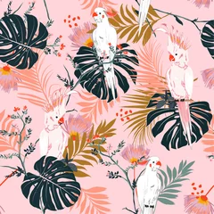Fotobehang Papegaai Tropische bloemenprint. Papegaaivogel in de jungle en bloemen in het exotische bos allover design, naadloze patroonvector voor mode, wallpaoer en alle prints