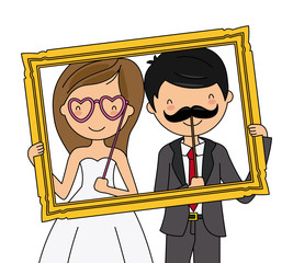 funny wedding card. Wedding couple with a photocall frame