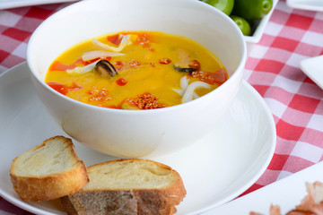 Tasty soup on plate