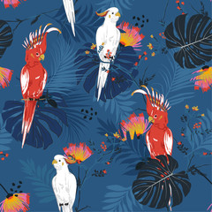 Obraz premium Tropical floral print. Parrot bird in the jungle and flowers in the exotic forest allover design, seamless pattern vector for fashion ,wallpaoer and all prints
