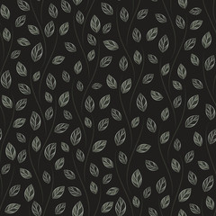 Seamless vector floral pattern with abstract leaves in monochrome black and white colors. Ditsy background in retro style