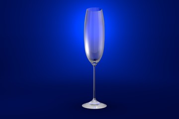 3D illustration of flute champagne glass on blue vivid background - drinking glass render
