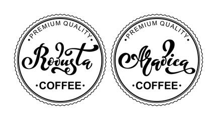 Arabica and robusta coffee logo. Vector illustration of handwritten lettering. Vector elements for packaging, coffee labels, market, cafe design, restaurant menu and store.