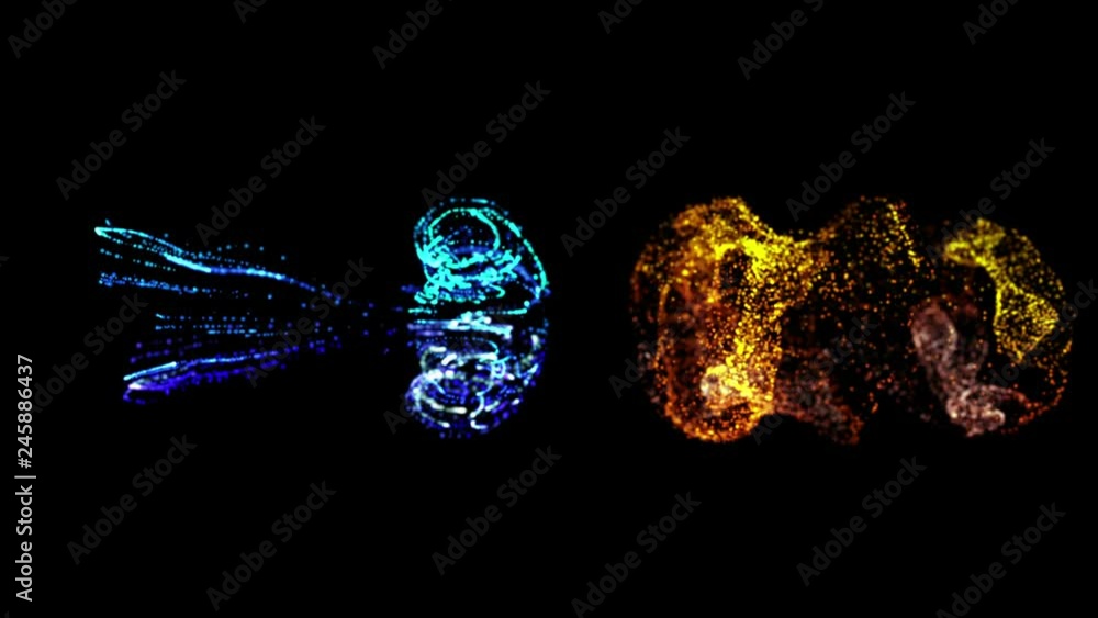Poster collision of two streams of particles in 4k. ink effect advection. glitter in stream of invisible in