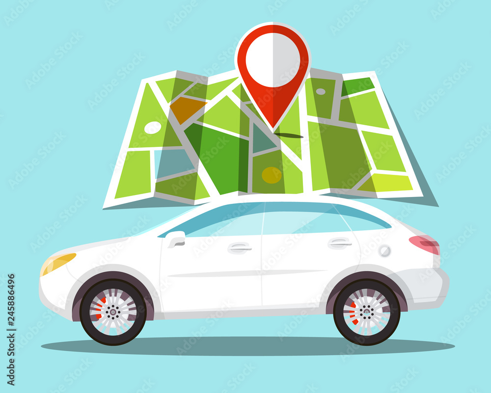 Poster car icon with pin on map. gps navigation vector symbol.