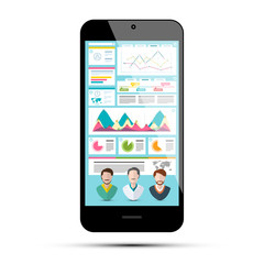 Business App on Phone. Infographic Data on Cellphone Screen. Vector Application with Graphs and Avatars.