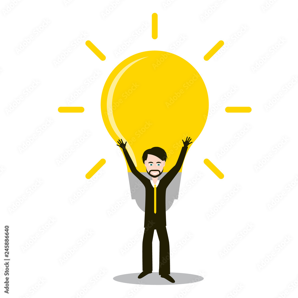 Poster man with bulb. idea and success symbol. vector invention icon.