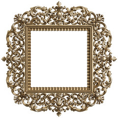 Classic golden square frame with ornament decor isolated on white background