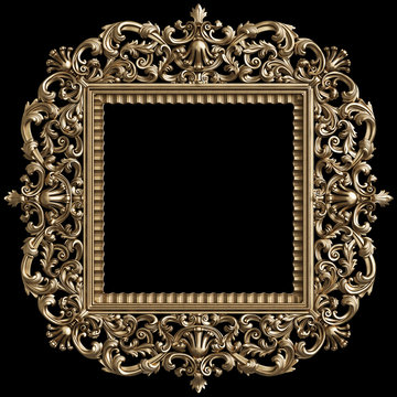 Classic golden square frame with ornament decor isolated on black background