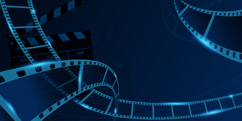 Different film strip frame with clapperboard isolated on blue background. Design template cinema festival banner, brochure, flyer, poster, tickets, leaflet. Vector illustration in 3d isometric style