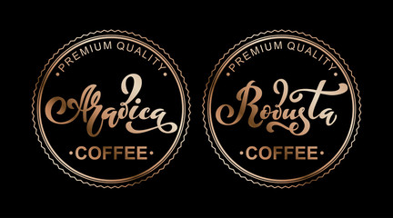 Fototapeta na wymiar Arabica and robusta coffee logo. Vector illustration of handwritten lettering. Vector elements for packaging, coffee labels, market, cafe design, restaurant menu and store.