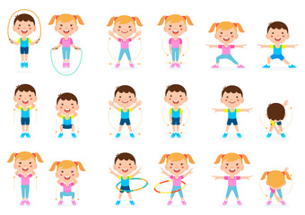 Girl and boy children fitness exercise set. Vector illustration.