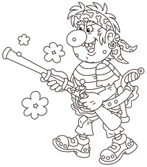 Sea pirate attacking and shooting with an old musket and a pistol, black and white vector illustration in a cartoon style for a coloring book