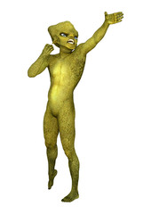 3D Rendering Green Alien on White