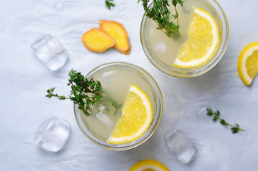 Two Glasses of Lemonade with Thyme, Cold Lemon Drink