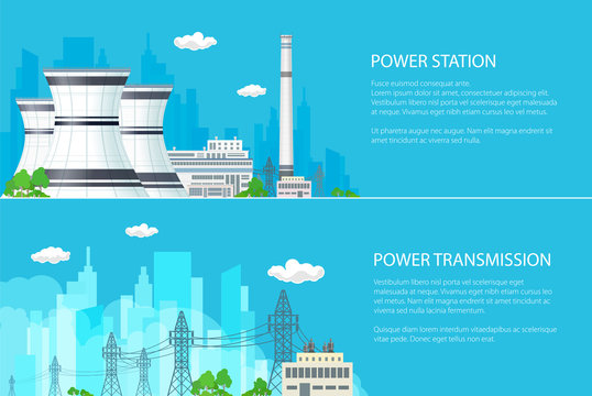 Set of Banners with Electric Power Transmission ,High Voltage Power Lines Supplies Electricity to the City and Nuclear Plant on a Blue Background , Vector Illustration