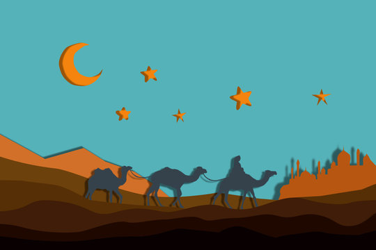 night in the desert, a caravan of camels among the sands under the crescent and the stars keeps the path town