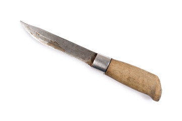 Old sharp hunting knife isolated on white background.