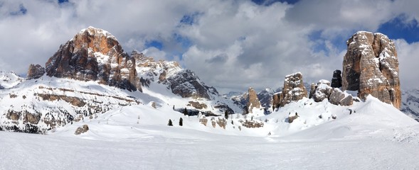 Winter landscape in The Dolomites. Tofana di Rozes and the Five Towers (Cinque Torri) group near...