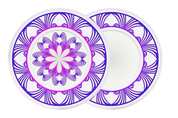 Mandala circular abstract floral lace pattern. Set of 2 matching decorative plates. Decorative mandala ornament. Vector illustration. Purple color