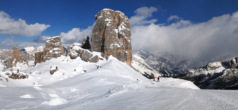 The beautiful group of the five towers (Cinque Torri) in the Dolomites in winter. The Cinque Torri is a small mountain complex that is part of the Nuvolau group, near Cortina d'Ampezzo. Italy