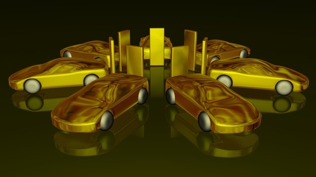 Electric cars charging from large  batteries . NO battery glow. 3d rendering. Solid surface gold models