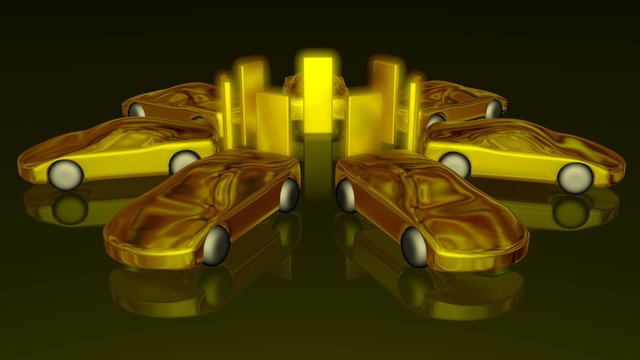 Electric cars charging from large  glowing batteries . 3d rendering. Wide view. Solid surface gold models
