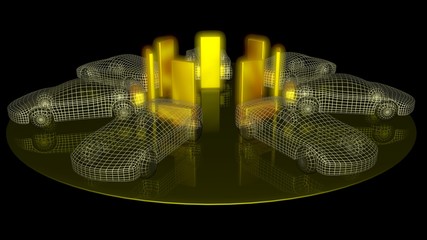 Electric cars charging from large  glowing batteries . 3d rendering. Wide view