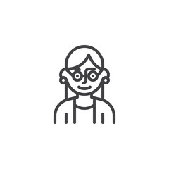 Female teacher with glasses line icon. linear style sign for mobile concept and web design. Woman teacher avatar character outline vector icon. Symbol, logo illustration. Pixel perfect vector graphics