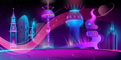 Vector futuristic city on other planet, alien culture at night with shining wind. Bright glowing buildings in cartoon style, modern megapolis. Urban skyscrapers in neon colors, sci-fi town exterior.