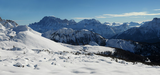 Winter landscape from Cima Uomo at Passo San Pellegrino in the italian Dolomites. Trentino Alto-Adige, Northern Italy.