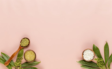 Bio herbal green cosmetic arrangement, sea salt and handmade cosmetic.