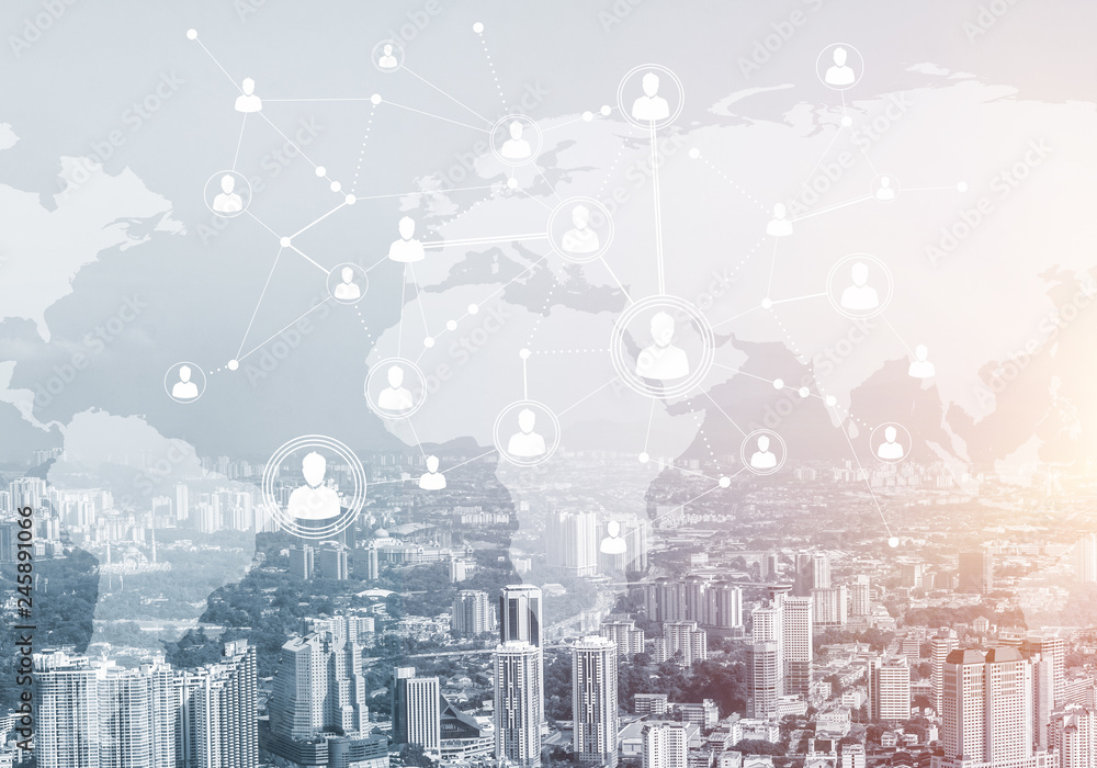 Poster modern city and social net as concept for global networking
