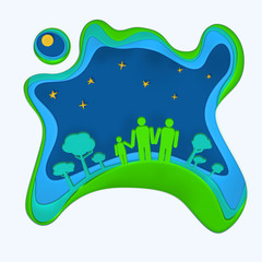 Family on the background of green trees and starry blue sky. Modern origami style. Raster illustration