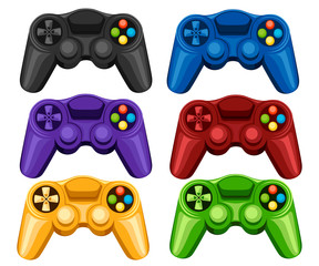 Set of colorful wireless game pads. Video game controller. Gamepad for PC or Console gaming. Flat vector illustration isolated on white background © Alfmaler